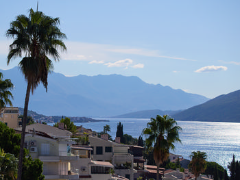 This landscape photograph showcases a scenic morning view from a room in Herceg Novi, a picturesque town in Montenegro. The image beautifully captures the tranquil atmosphere of early autumn, with soft sunlight illuminating the calm waters of Boka Bay. In the foreground, modern Mediterranean-style buildings surrounded by lush greenery and tall palm trees add to the coastal charm. The bay stretches into the distance, where the impressive silhouettes of Montenegrin mountains rise against the clear sky. The overall composition highlights both the natural beauty and the architectural style typical of Herceg Novi, making it a quintessential representation of the stunning Boka Bay region in Montenegro.